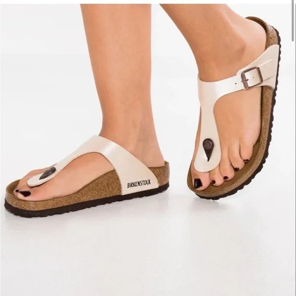 Birkenstock Sandals: Gizeh Birko-Flor Pearl White 38 L7 - Picture 3 of 10